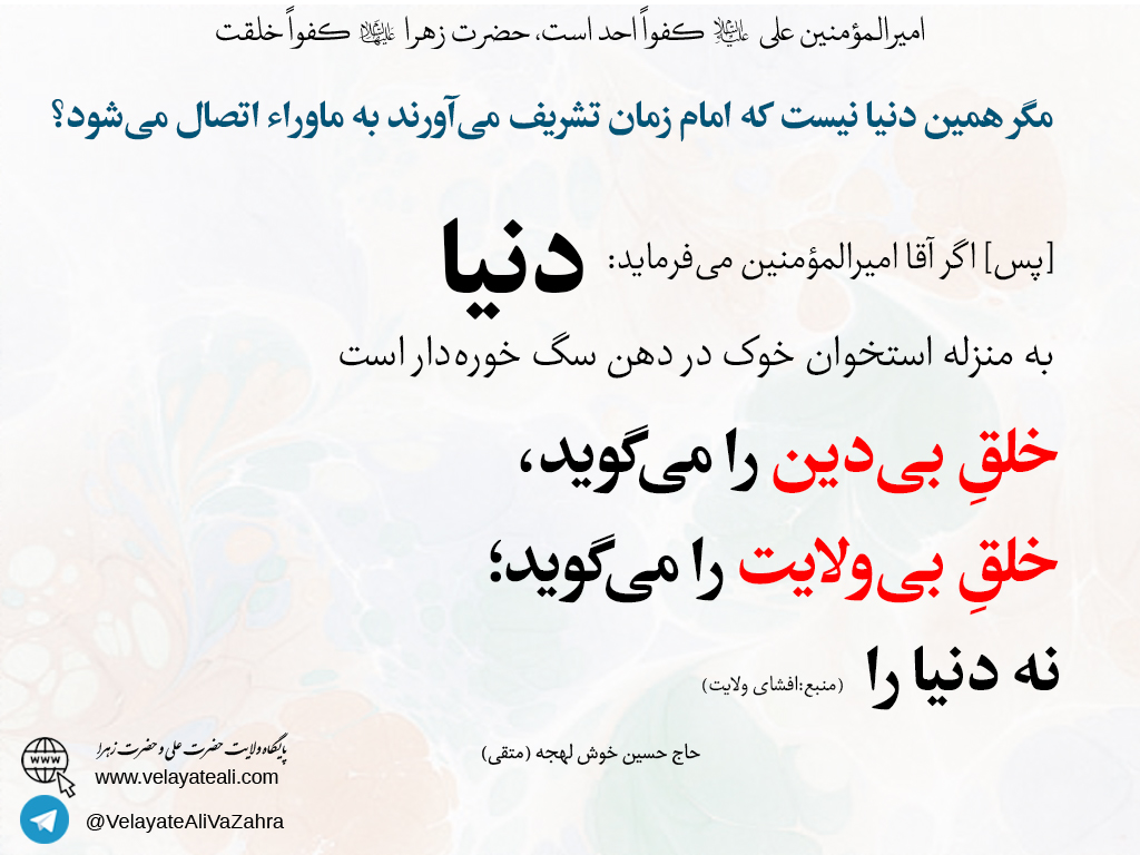 اگر آقا امیرالمؤمنین (علیه السلام) می‌فرماید: دنیا به منزله استخوان خوک در دهن سگ خوره‌دار است، خلق بی‌دین را می‌گوید، خلق بی‌ولایت را می‌گوید، نه دنیا را